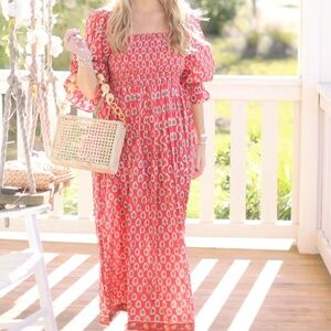 Red Printed Maxi Dress with Smocked Bodice